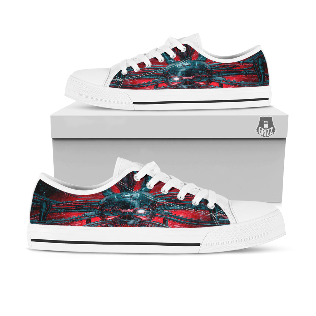 Robotic Skull Print White Low Top Shoes-grizzshop