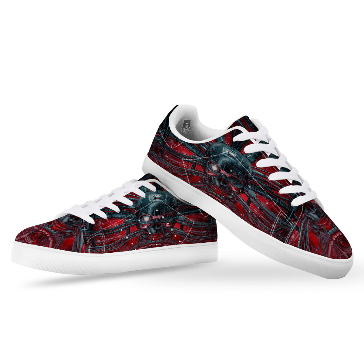 Robotic Skull Print White Low Top Sneakers-grizzshop