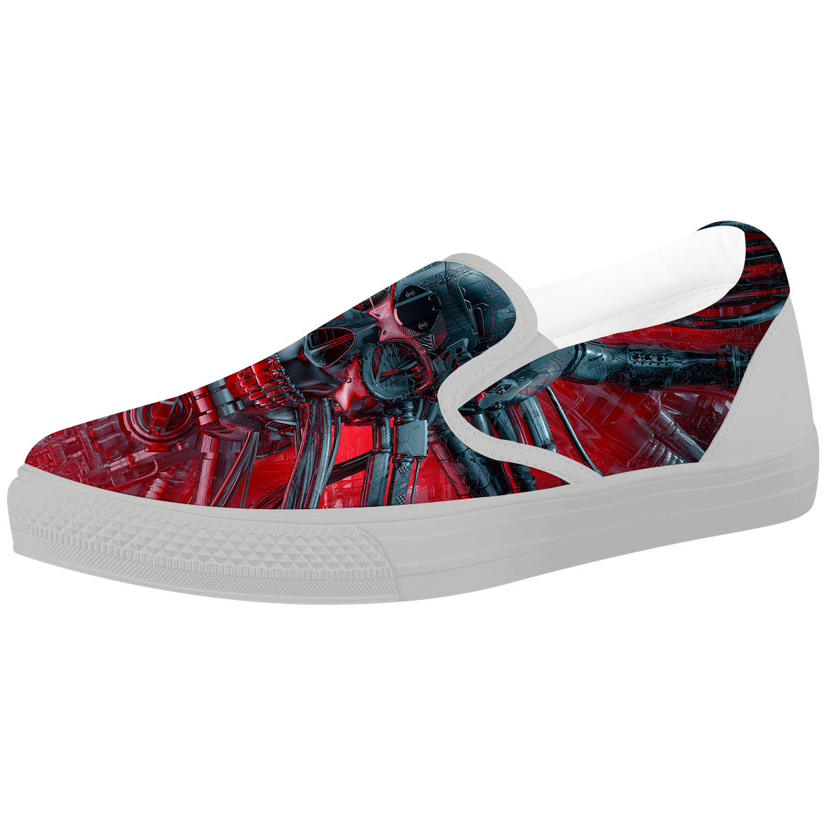 Robotic Skull Print White Slip On Shoes-grizzshop