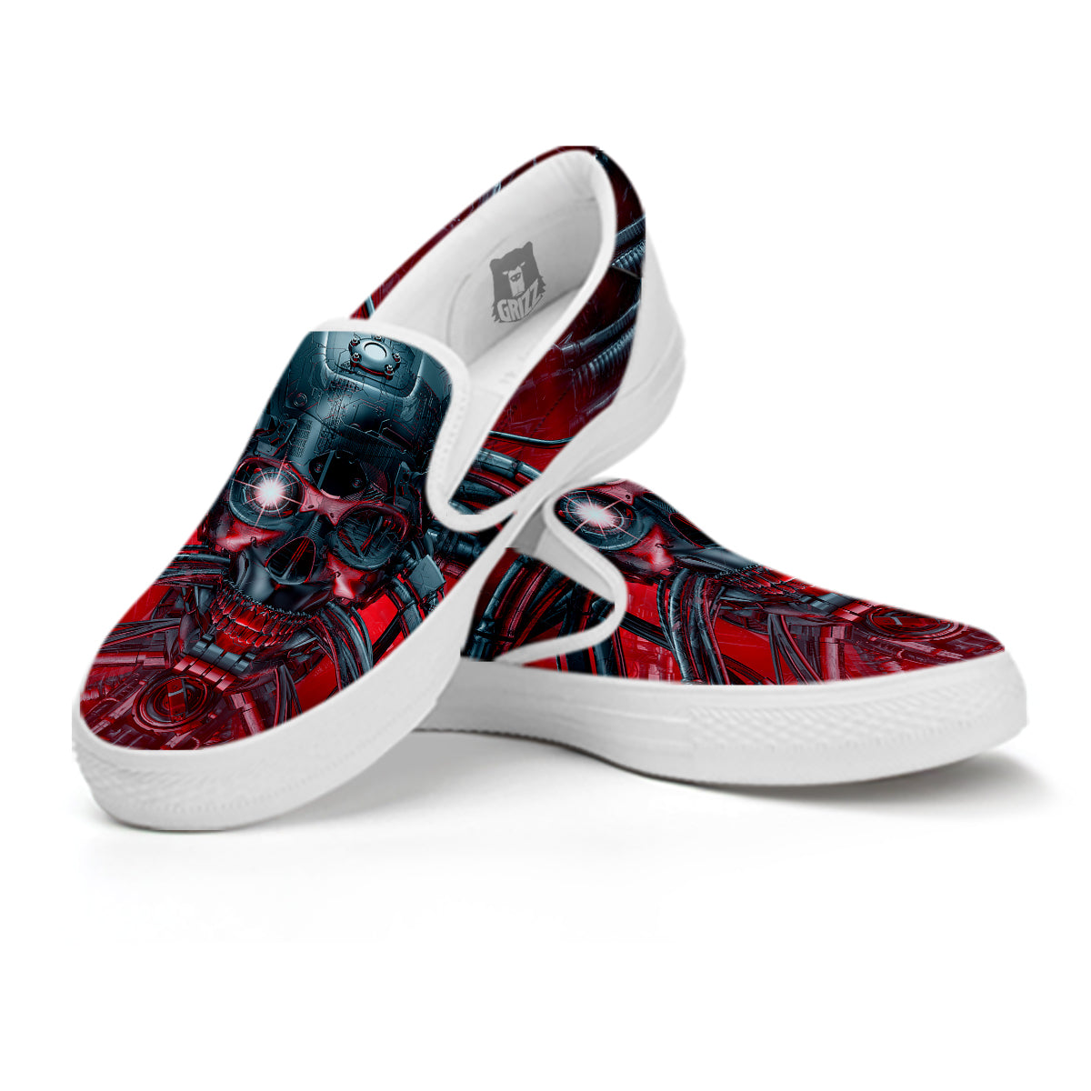 Robotic Skull Print White Slip On Shoes-grizzshop