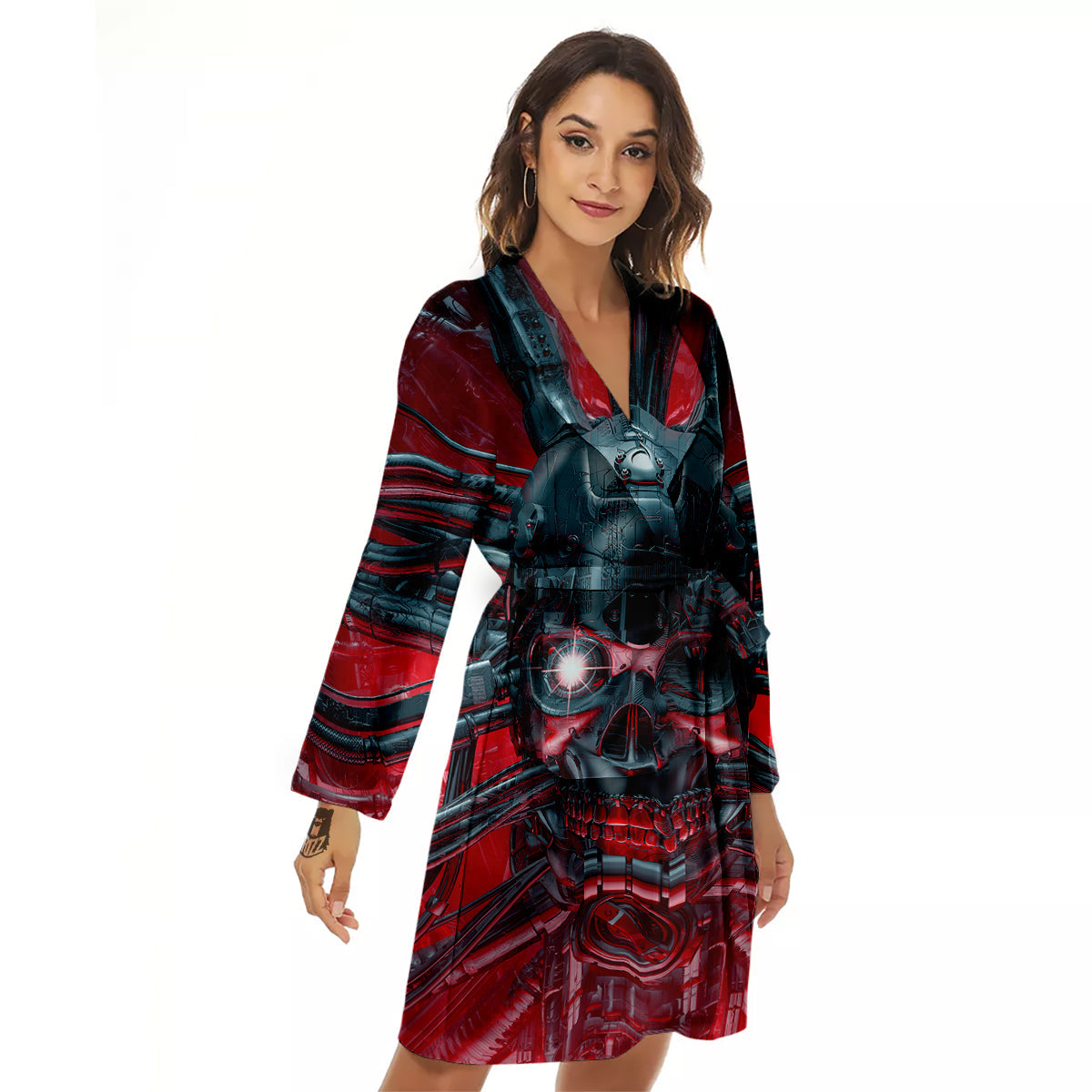 Robotic Skull Print Women's Robe-grizzshop