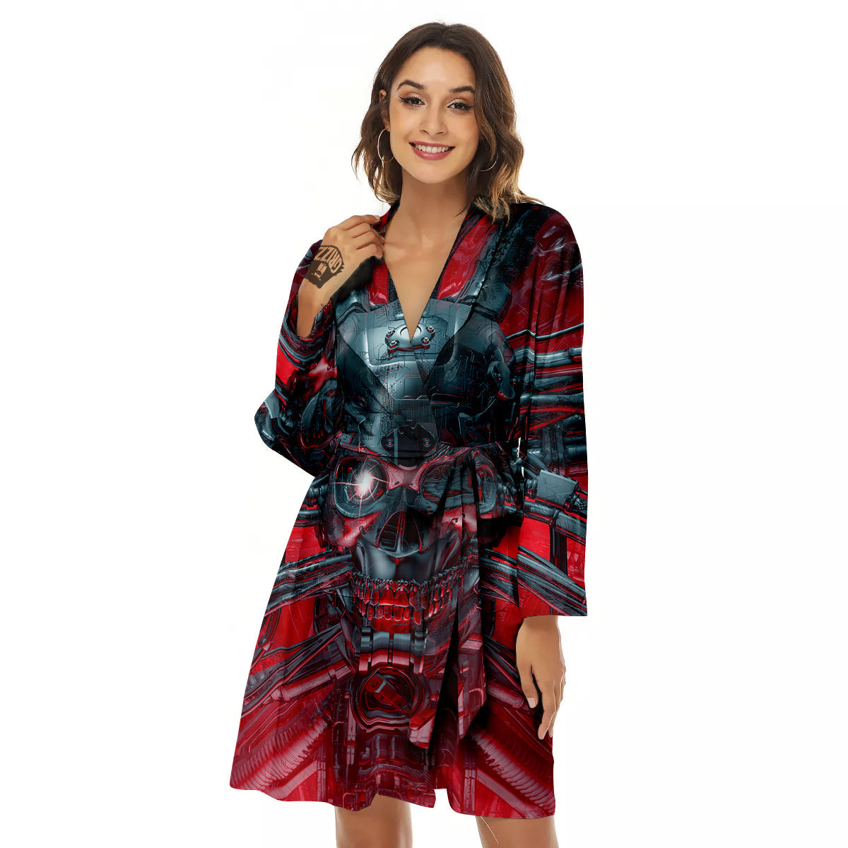 Robotic Skull Print Women's Robe-grizzshop