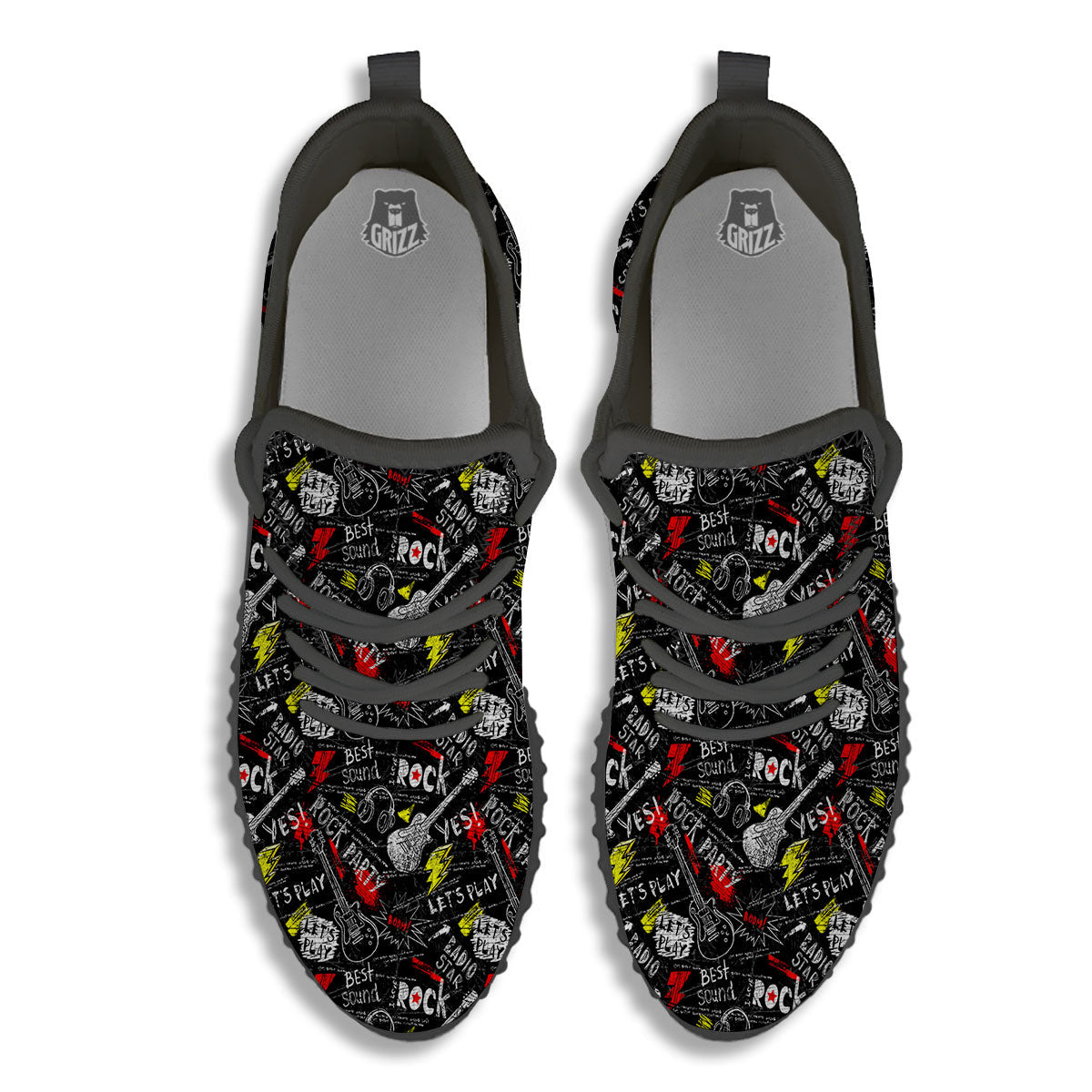 Rock And Roll Grunge Print Pattern Black Walking Shoes-grizzshop