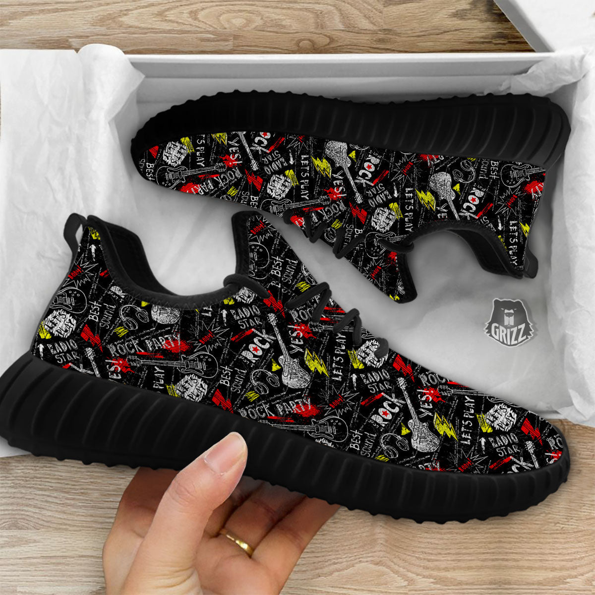 Rock And Roll Grunge Print Pattern Black Walking Shoes-grizzshop