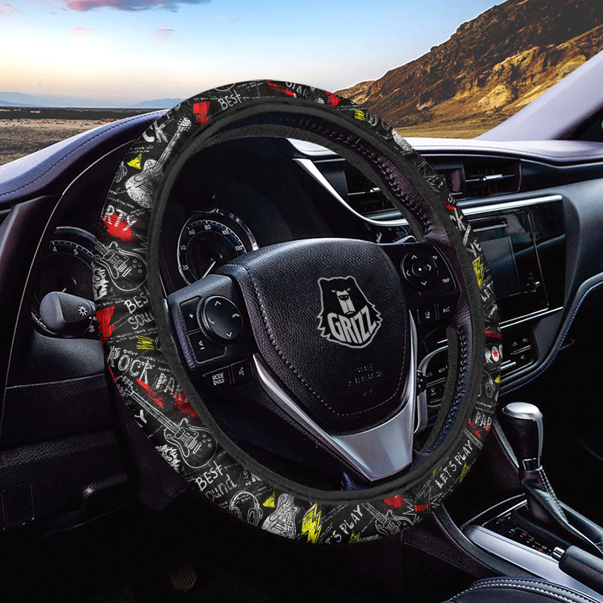 Rock And Roll Grunge Print Pattern Car Steering Wheel Cover-grizzshop