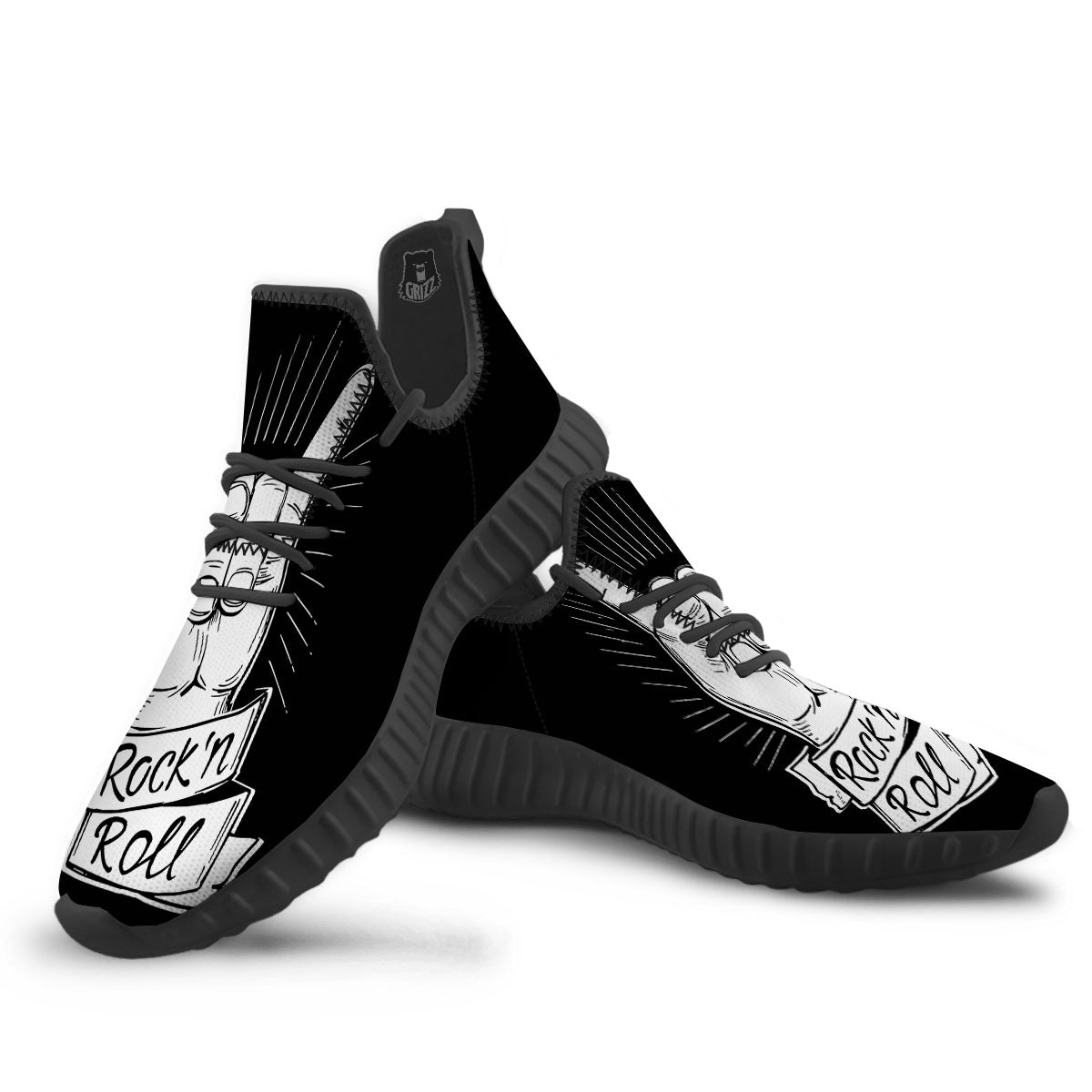 Rock And Roll White And Black Print Black Walking Shoes-grizzshop