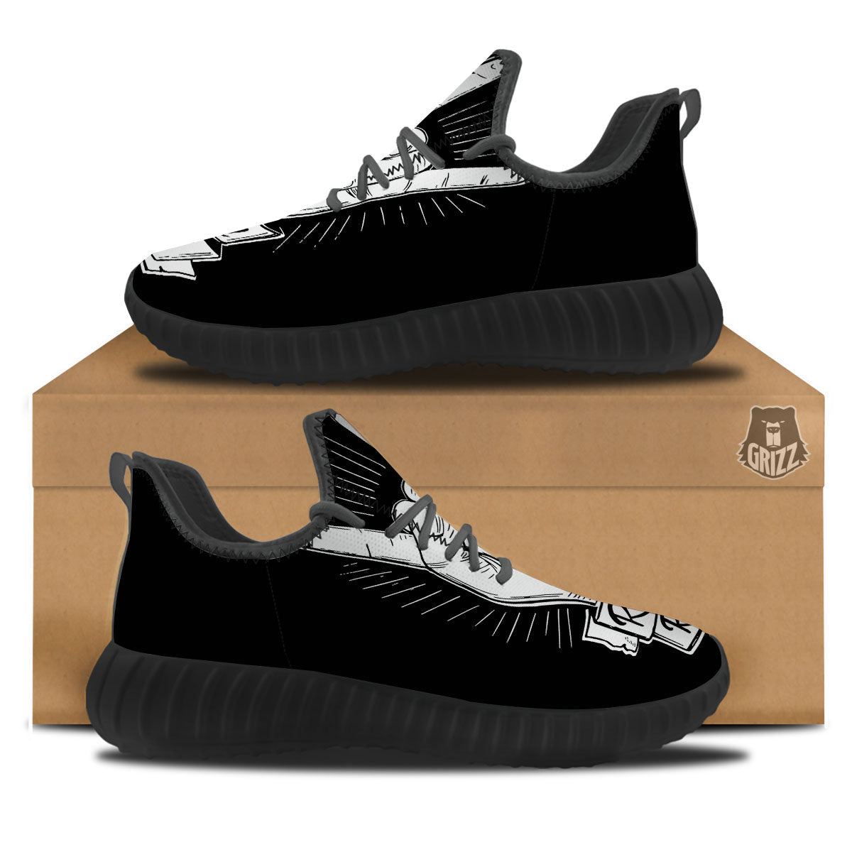 Rock And Roll White And Black Print Black Walking Shoes-grizzshop