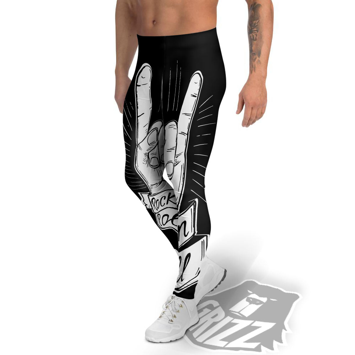 Rock And Roll White And Black Print Men's Leggings-grizzshop