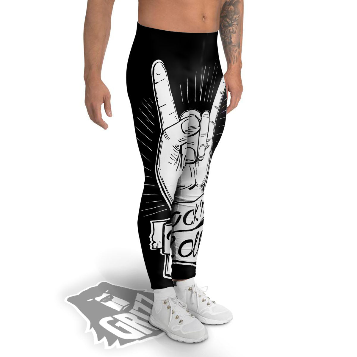 Rock And Roll White And Black Print Men's Leggings-grizzshop