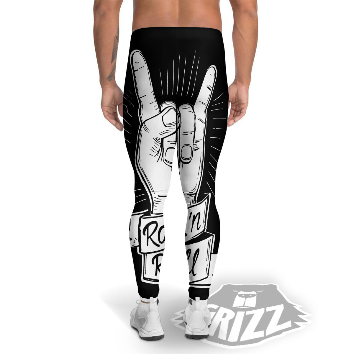 Rock And Roll White And Black Print Men's Leggings-grizzshop