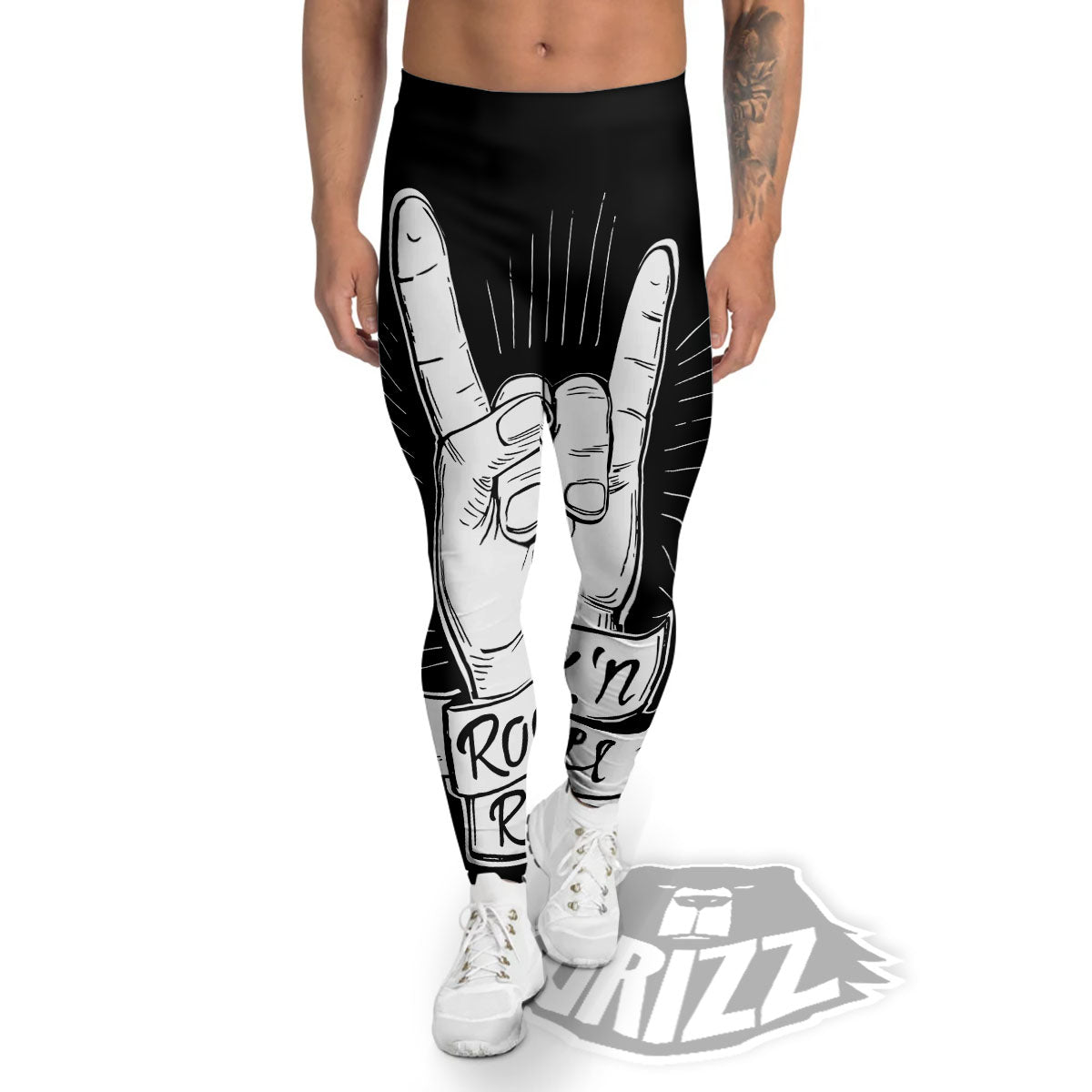 Rock And Roll White And Black Print Men's Leggings-grizzshop