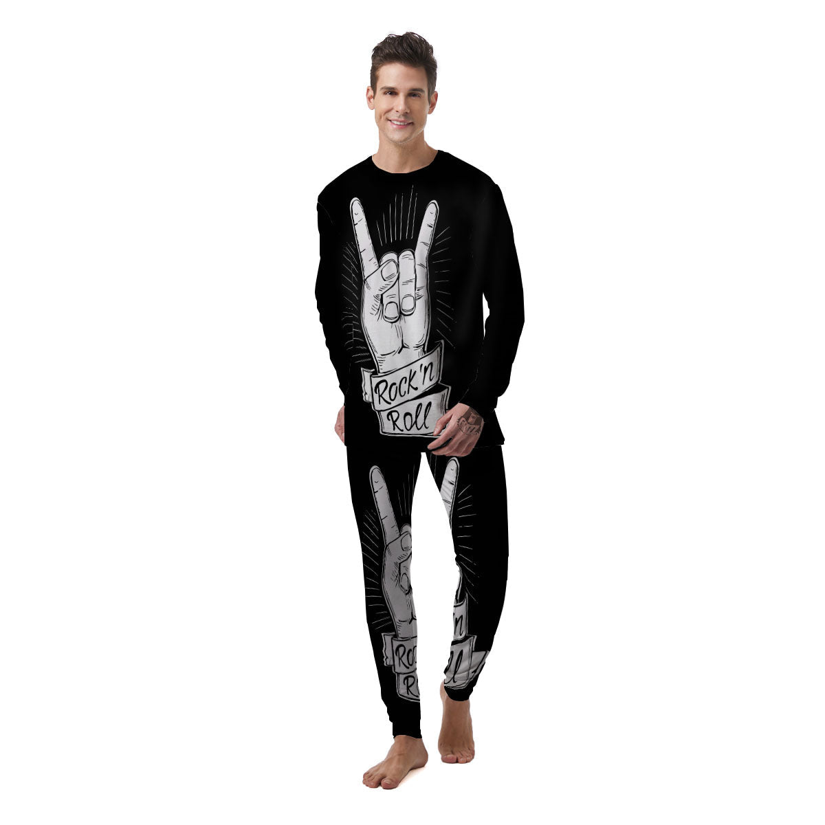 Rock And Roll White And Black Print Men's Pajamas-grizzshop