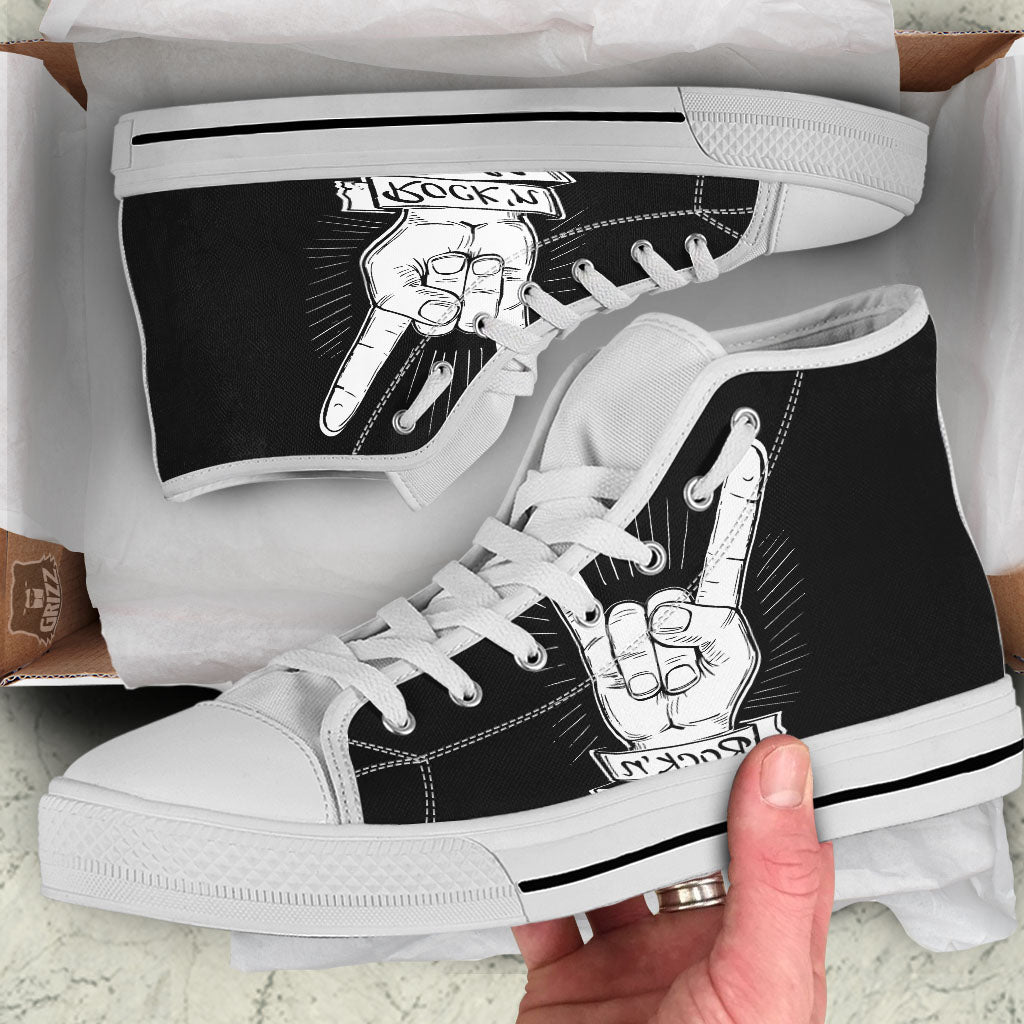 Rock And Roll White And Black Print White High Top Shoes-grizzshop