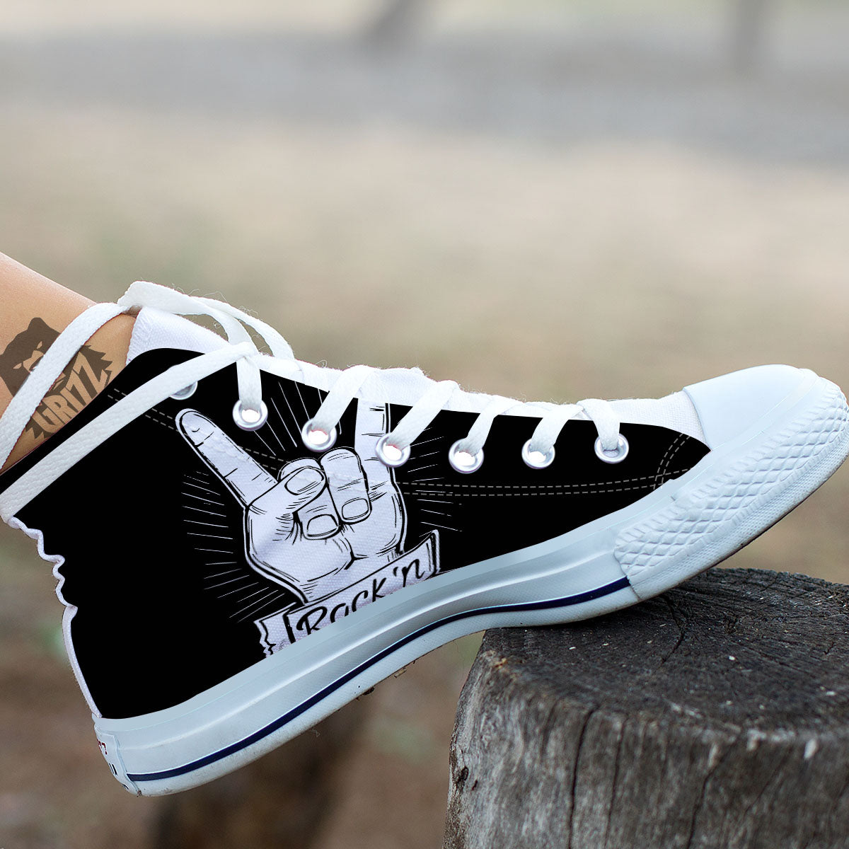 Rock And Roll White And Black Print White High Top Shoes-grizzshop
