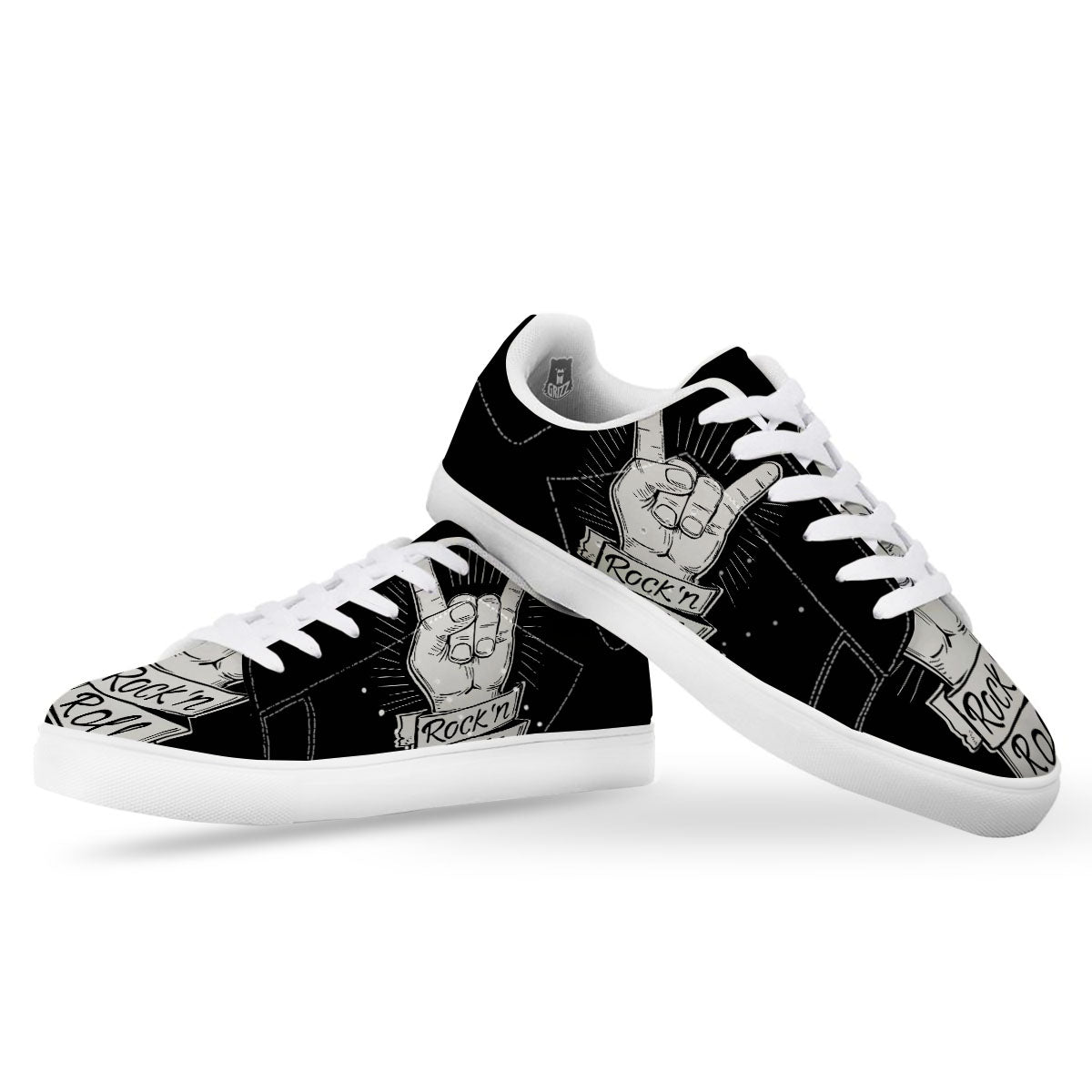 Rock And Roll White And Black Print White Low Top Sneakers-grizzshop