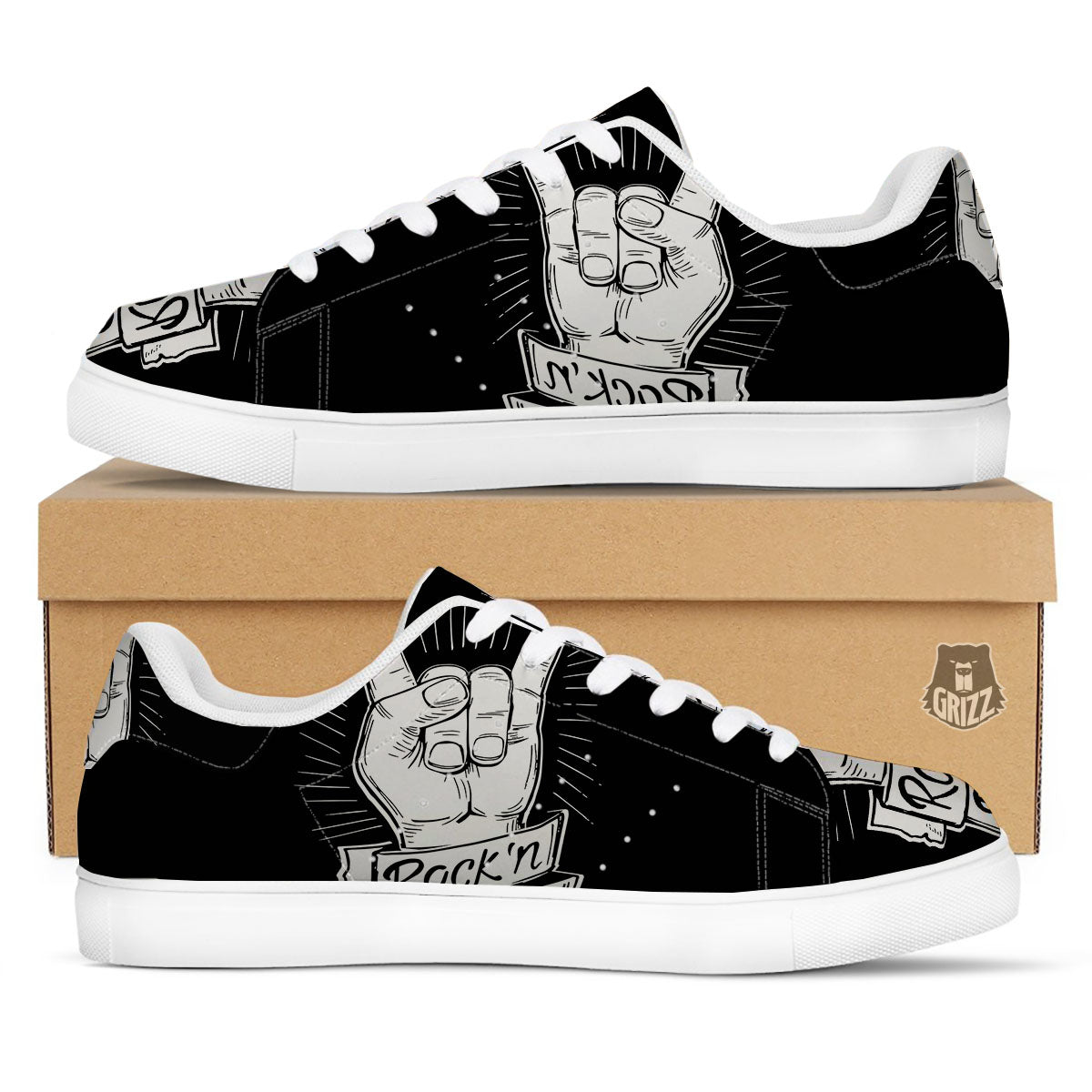 Rock And Roll White And Black Print White Low Top Sneakers-grizzshop