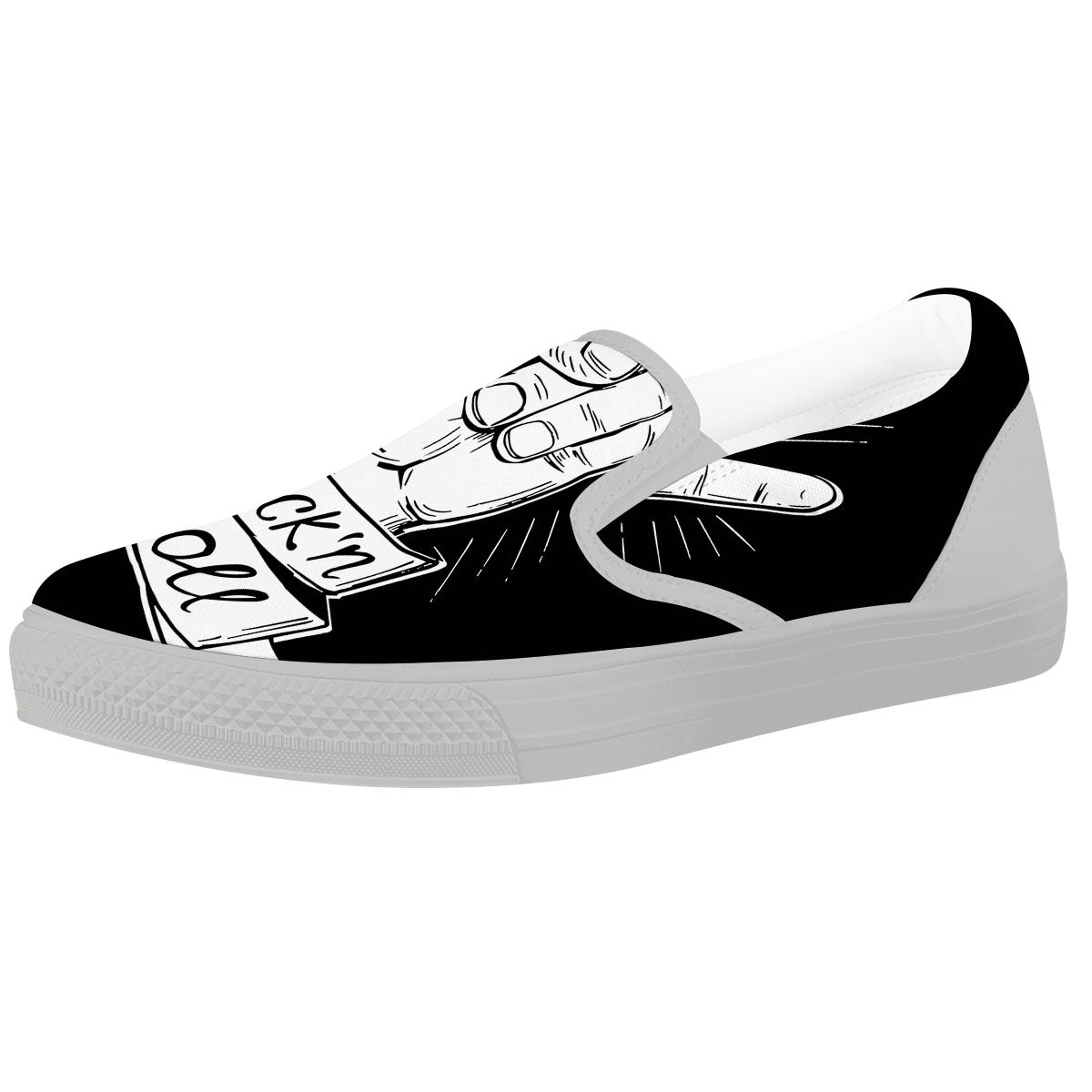Rock And Roll White And Black Print White Slip On Shoes-grizzshop