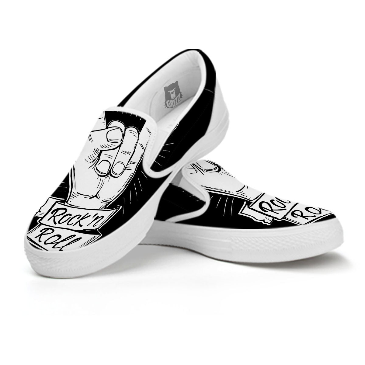Rock And Roll White And Black Print White Slip On Shoes-grizzshop