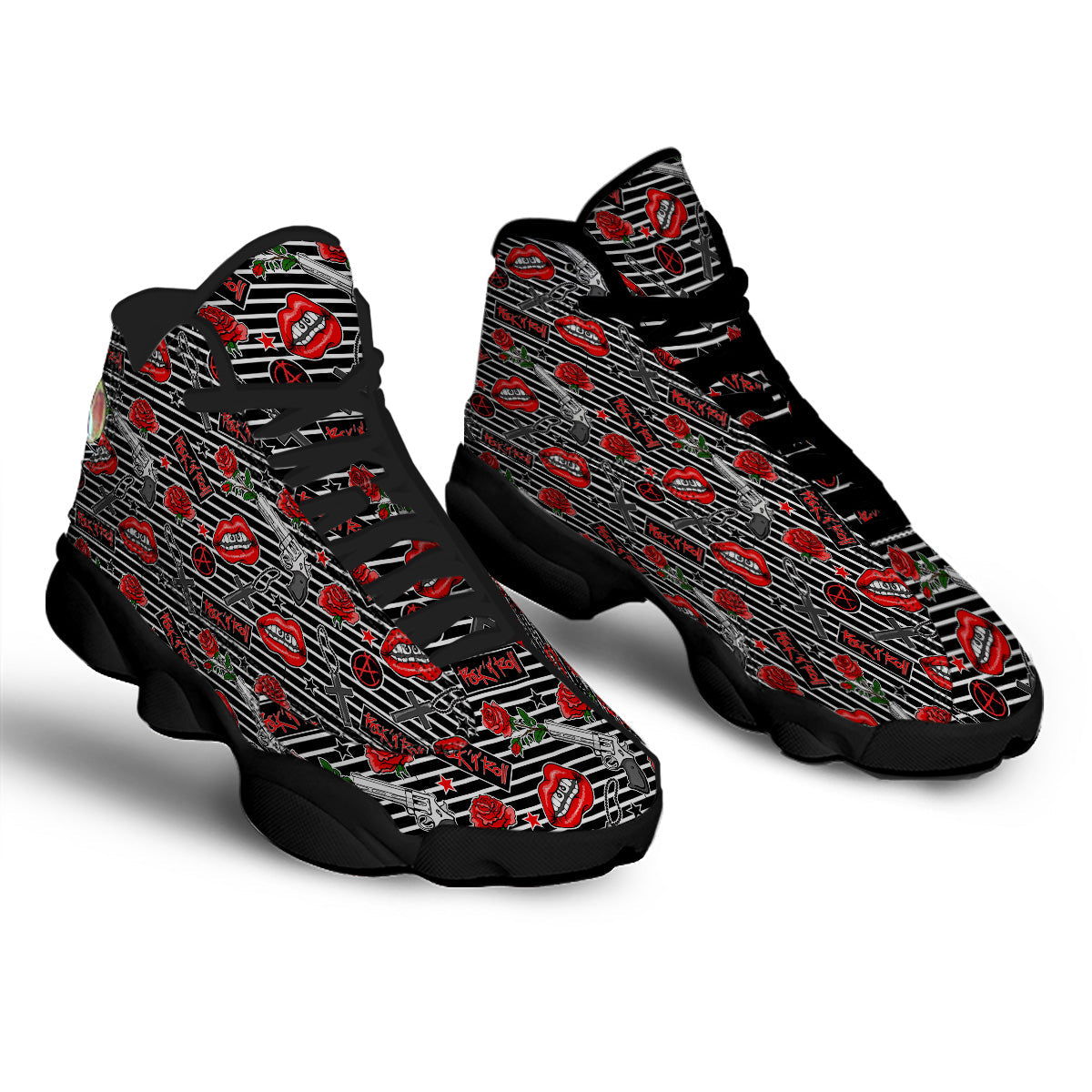 Rock’N’Roll Stiped Black White Print Pattern Black Basketball Shoes-grizzshop