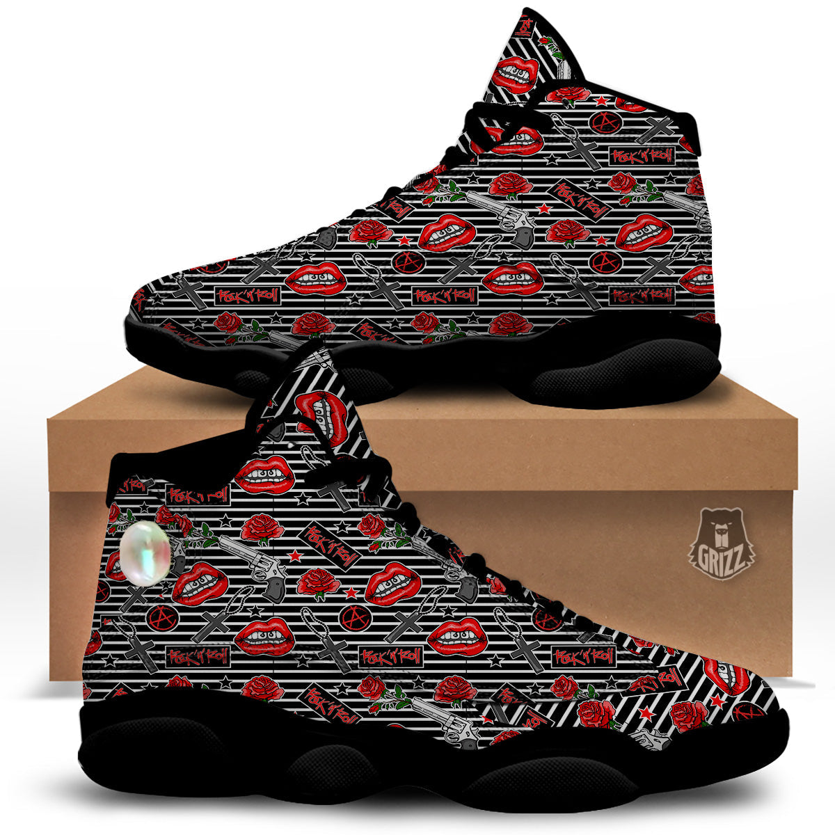 Rock’N’Roll Stiped Black White Print Pattern Black Basketball Shoes-grizzshop