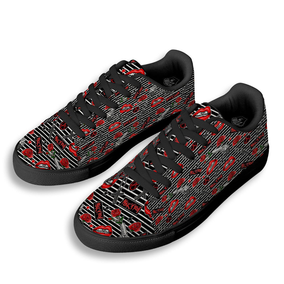 Rock’N’Roll Stiped Black White Print Pattern Black Low Top Sneakers-grizzshop