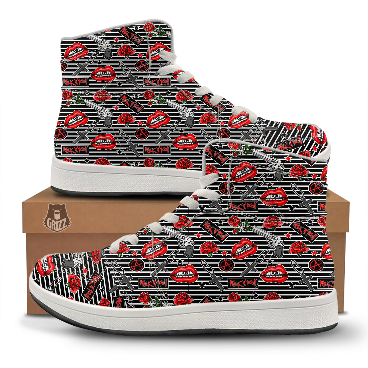 Rock’N’Roll Stiped Black White Print Pattern High Top Sneakers-grizzshop