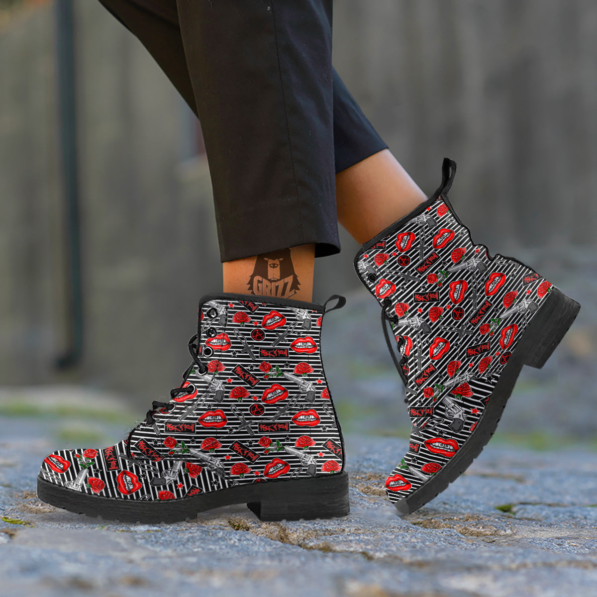 Rock’N’Roll Stiped Black White Print Pattern Leather Boots-grizzshop
