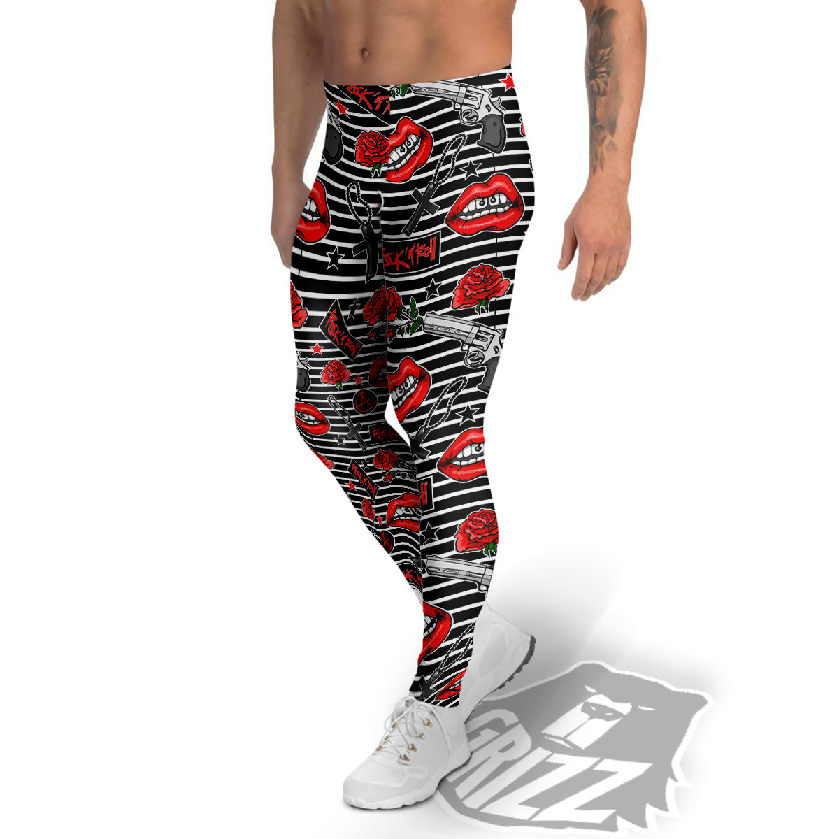 Rock’N’Roll Stiped Black White Print Pattern Men's Leggings-grizzshop