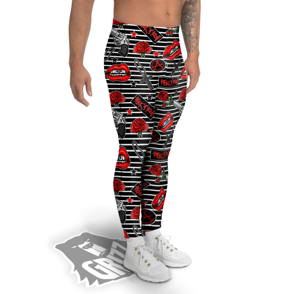 Rock’N’Roll Stiped Black White Print Pattern Men's Leggings-grizzshop