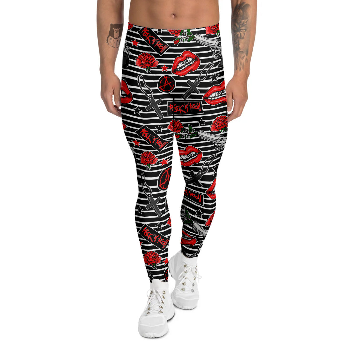 Rock’N’Roll Stiped Black White Print Pattern Men's Leggings-grizzshop