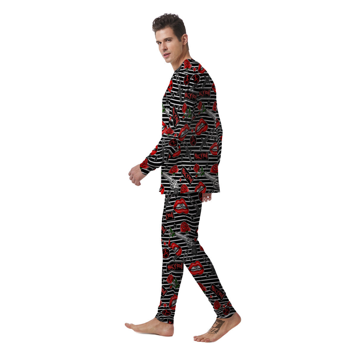 Rock’N’Roll Stiped Black White Print Pattern Men's Pajamas-grizzshop