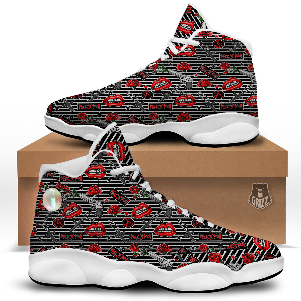 Rock’N’Roll Stiped Black White Print Pattern White Basketball Shoes-grizzshop