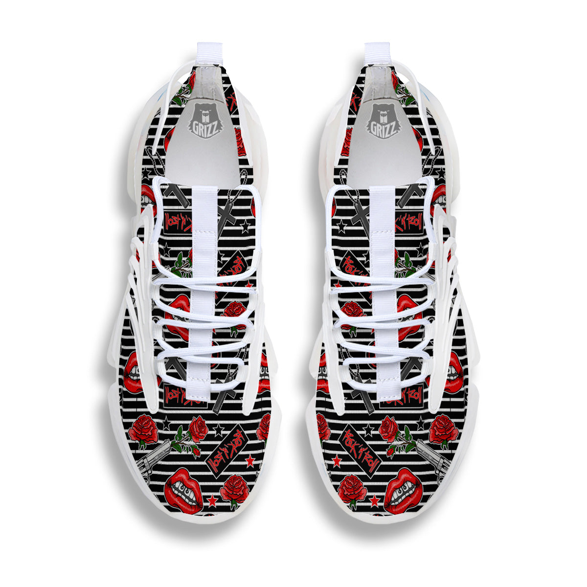 Rock’N’Roll Stiped Black White Print Pattern White Gym Shoes-grizzshop