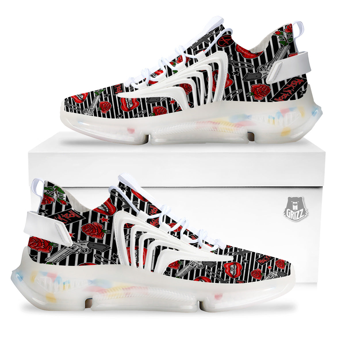 Rock’N’Roll Stiped Black White Print Pattern White Gym Shoes-grizzshop