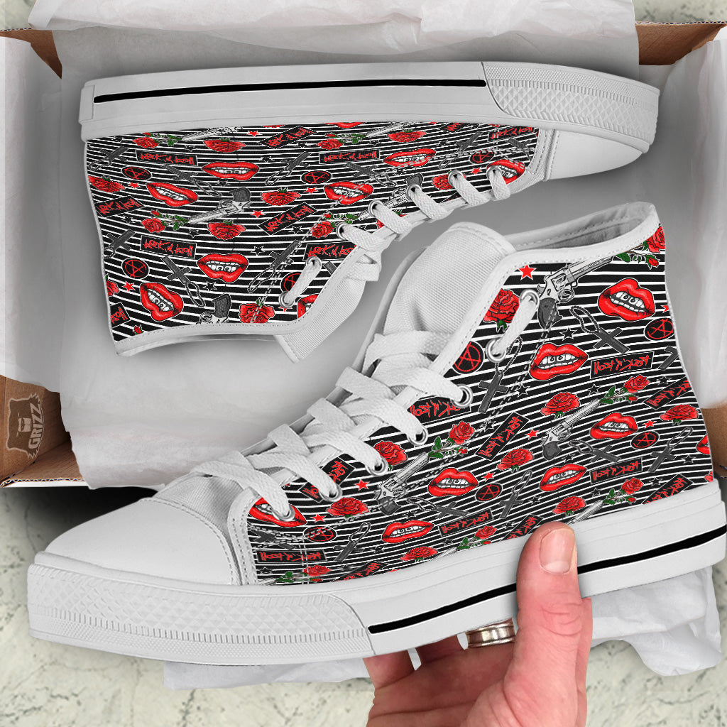 Rock’N’Roll Stiped Black White Print Pattern White High Top Shoes-grizzshop