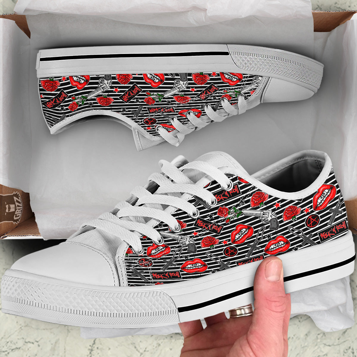 Rock’N’Roll Stiped Black White Print Pattern White Low Top Shoes-grizzshop