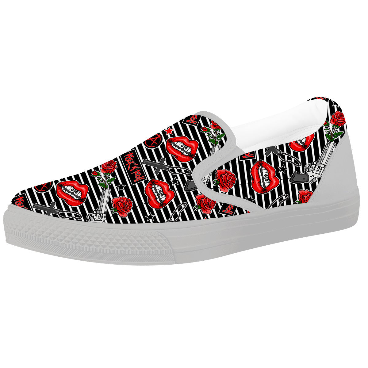 Rock’N’Roll Stiped Black White Print Pattern White Slip On Shoes-grizzshop