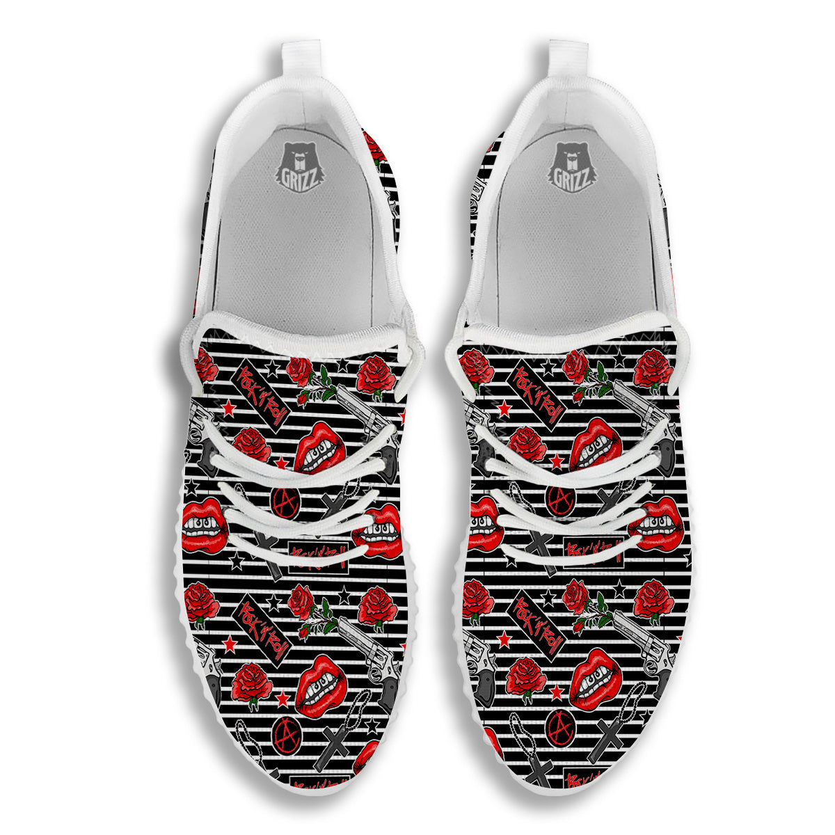 Rock’N’Roll Stiped Black White Print Pattern White Walking Shoes-grizzshop