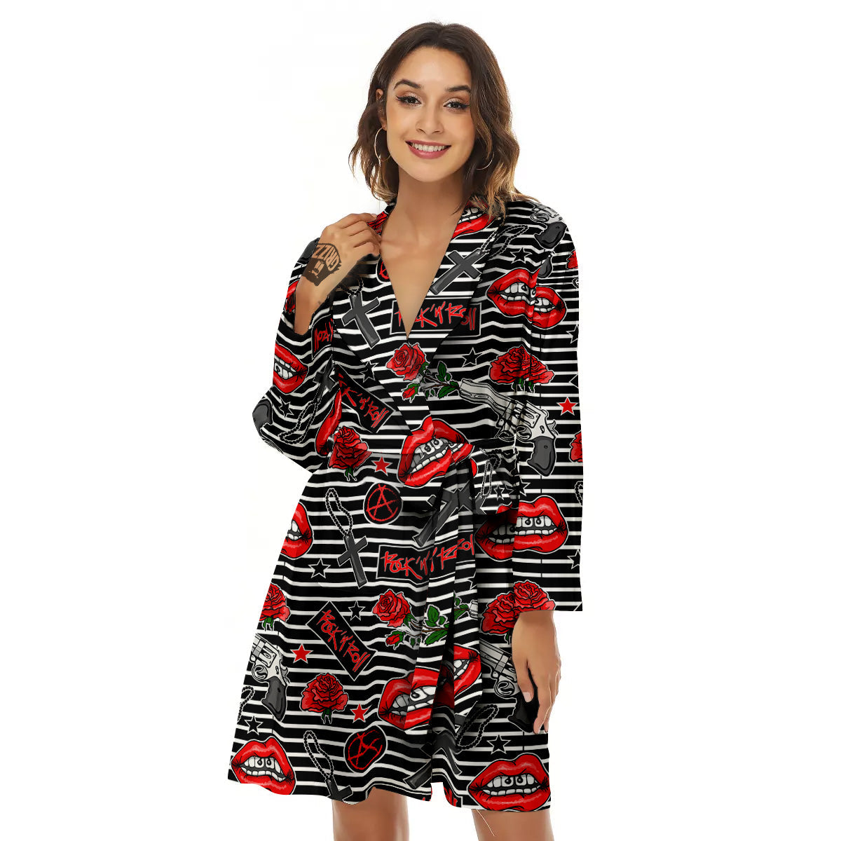 Rock’N’Roll Stiped Black White Print Pattern Women's Robe-grizzshop