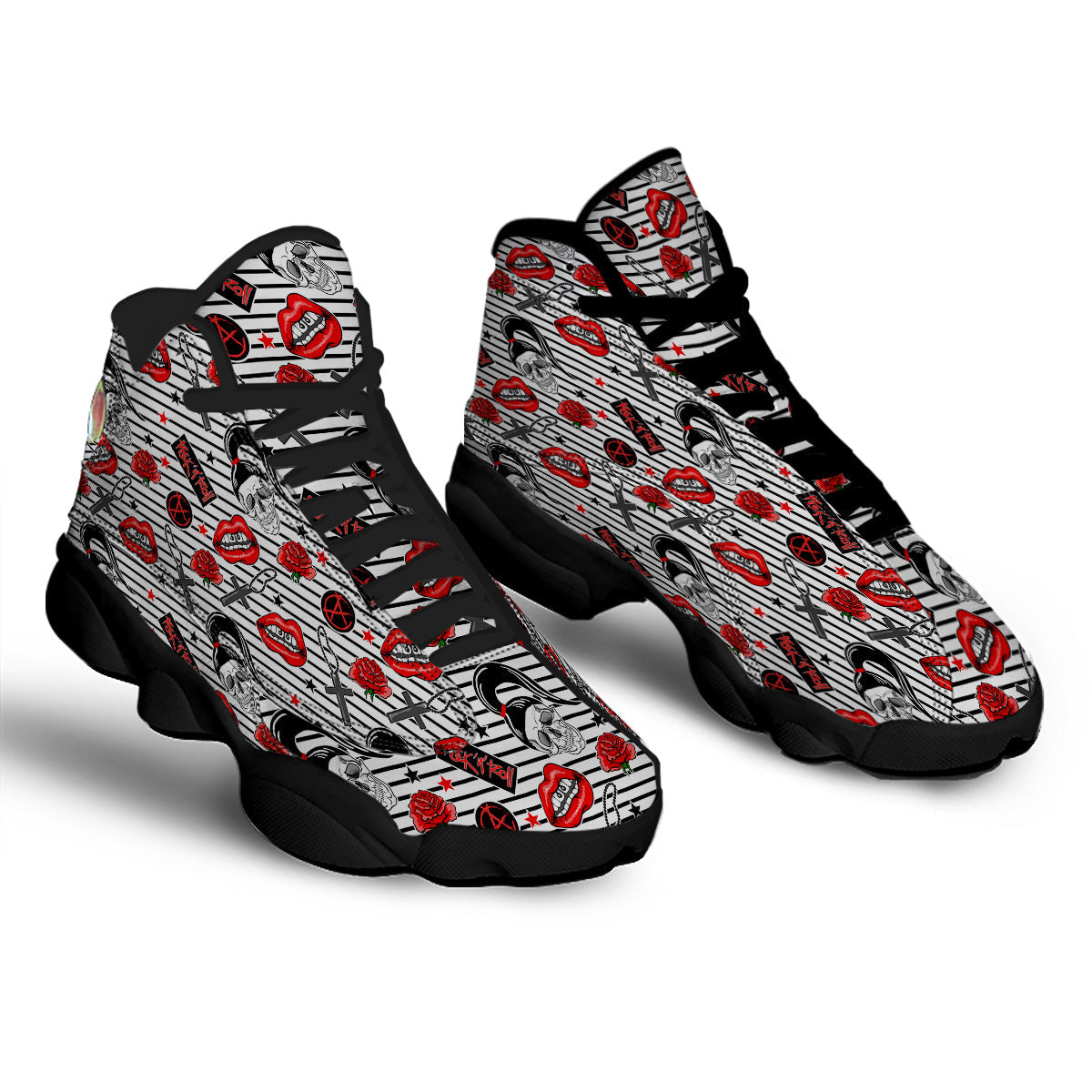 Rock’N’Roll Stiped White Black Print Pattern Black Basketball Shoes-grizzshop