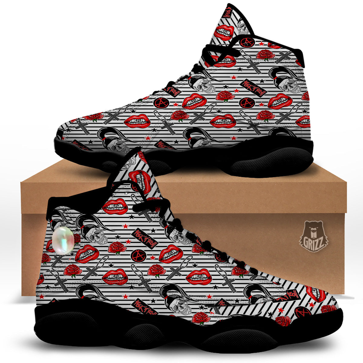 Rock’N’Roll Stiped White Black Print Pattern Black Basketball Shoes-grizzshop