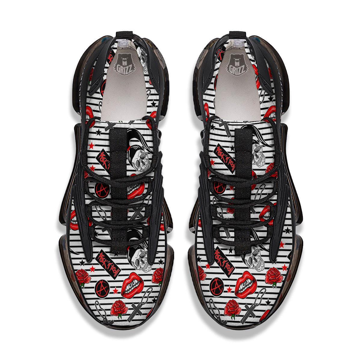 Rock’N’Roll Stiped White Black Print Pattern Black Gym Shoes-grizzshop