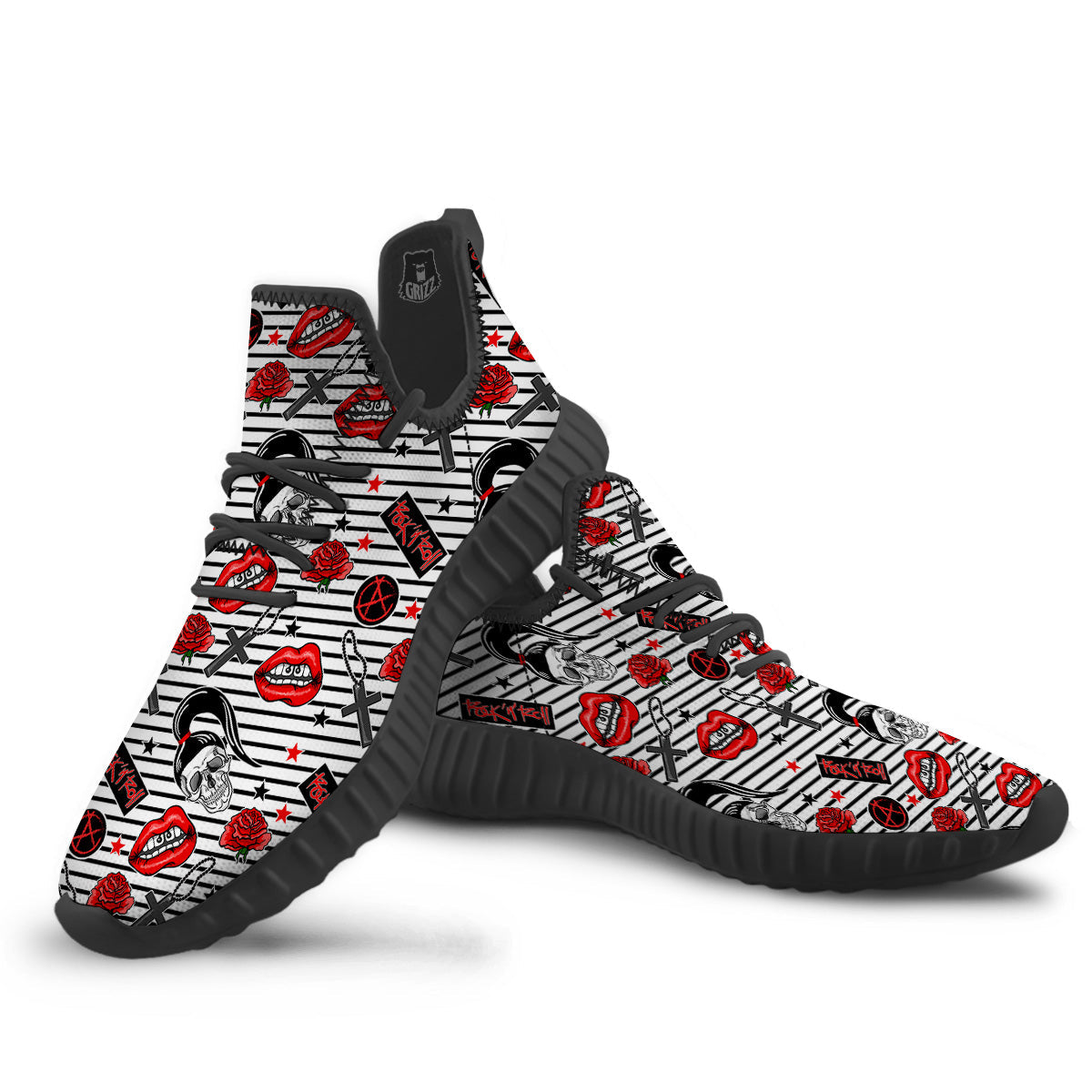 Rock’N’Roll Stiped White Black Print Pattern Black Walking Shoes-grizzshop