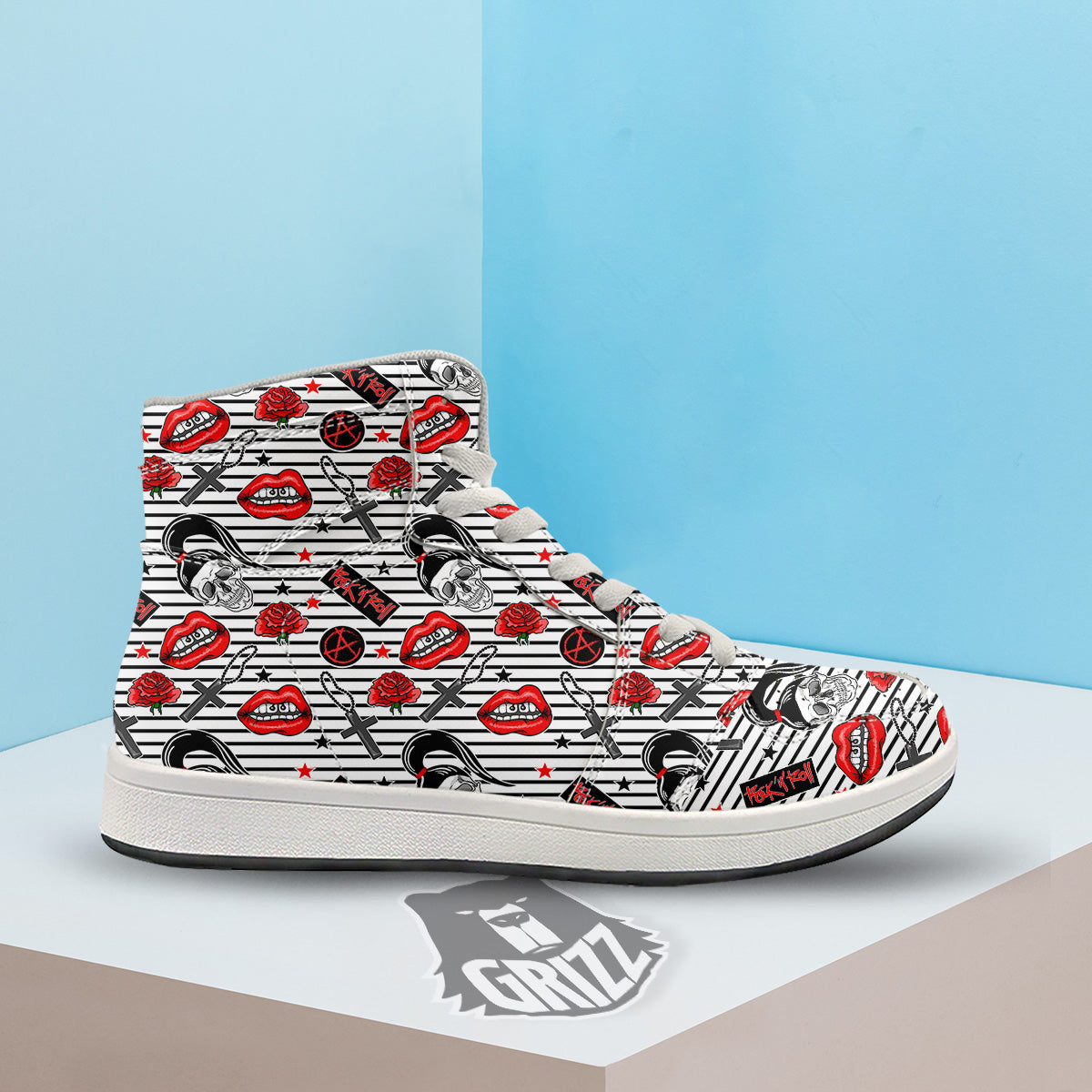 Rock’N’Roll Stiped White Black Print Pattern High Top Sneakers-grizzshop