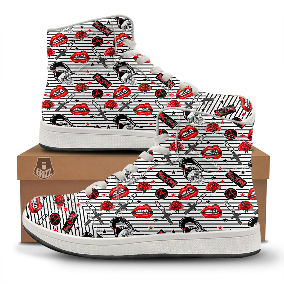 Rock’N’Roll Stiped White Black Print Pattern High Top Sneakers-grizzshop