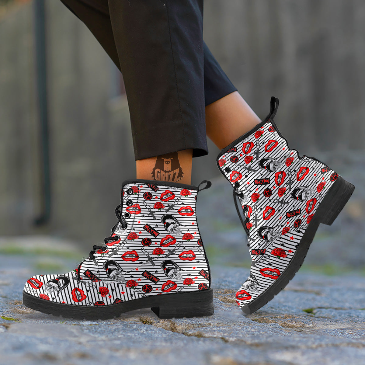Rock’N’Roll Stiped White Black Print Pattern Leather Boots-grizzshop