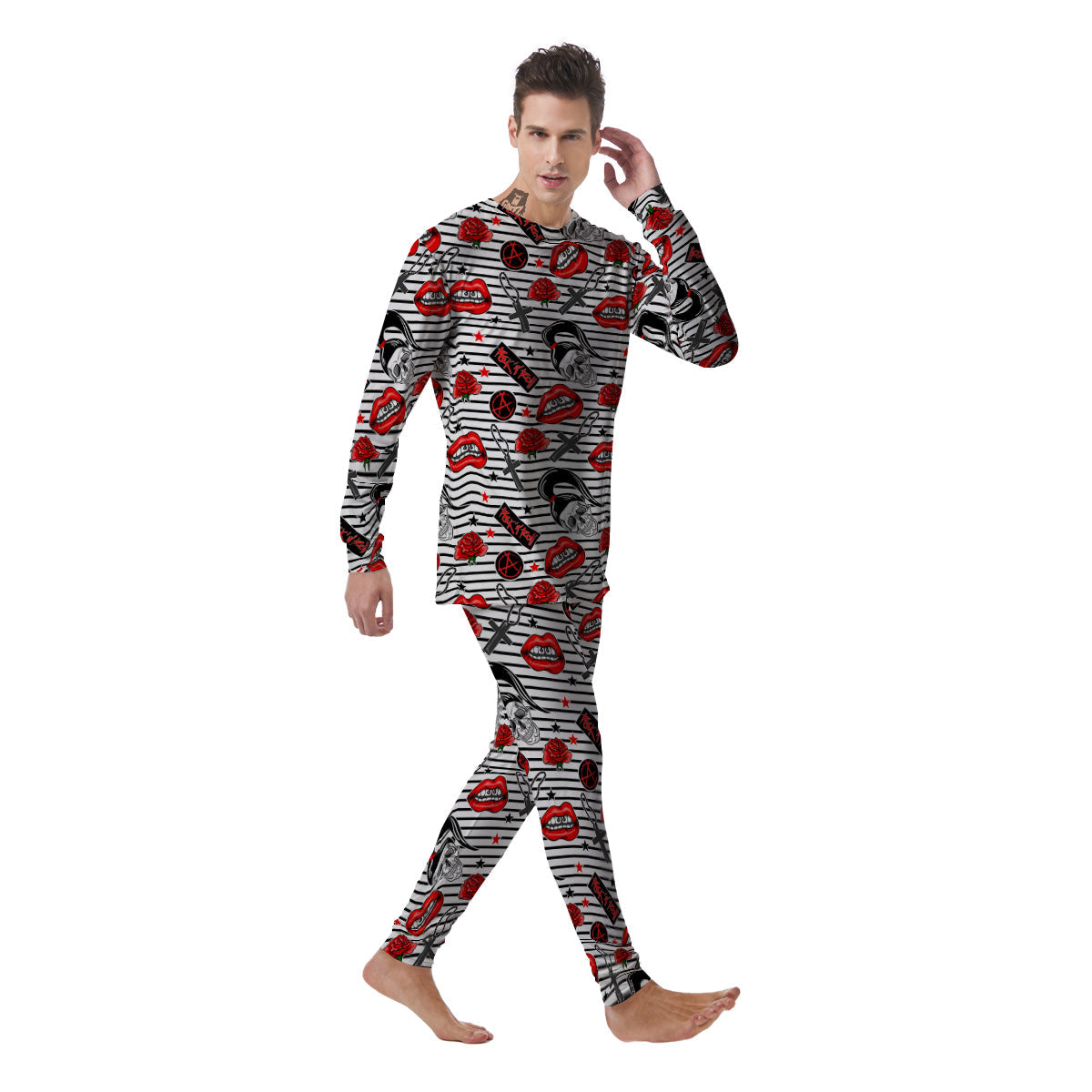 Rock’N’Roll Stiped White Black Print Pattern Men's Pajamas-grizzshop