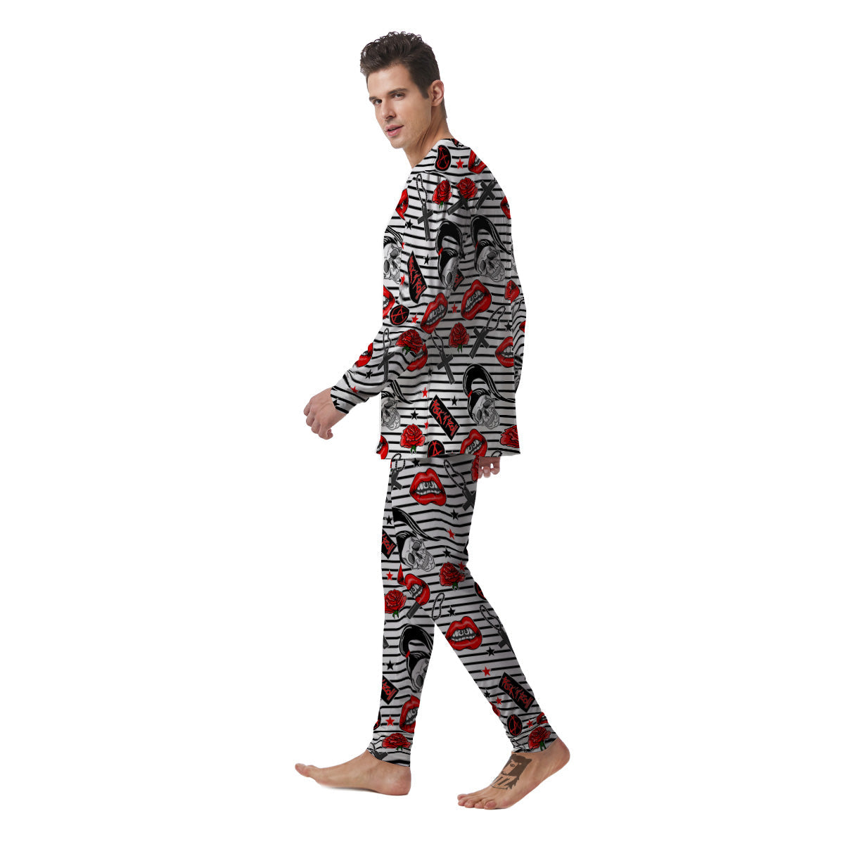 Rock’N’Roll Stiped White Black Print Pattern Men's Pajamas-grizzshop