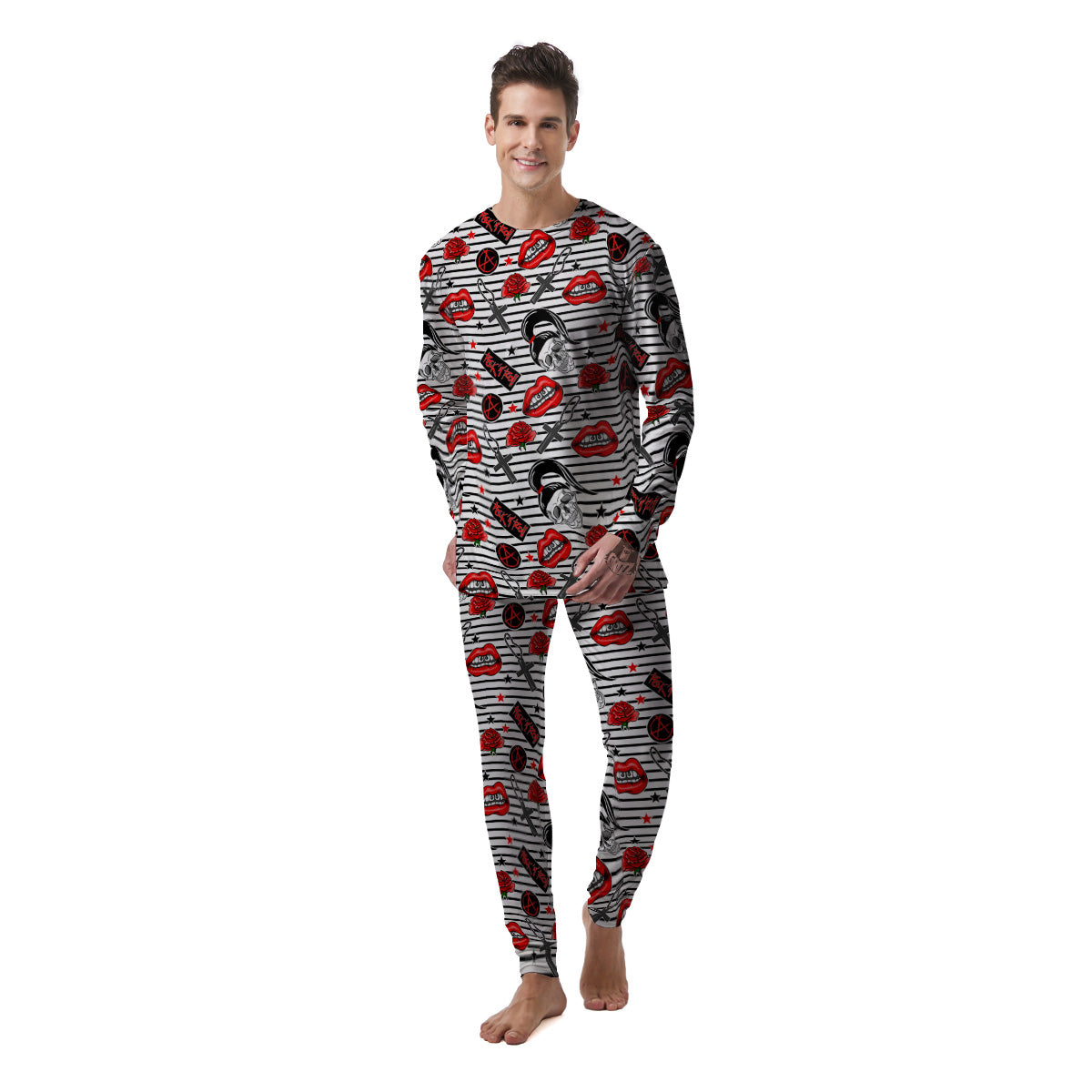 Rock’N’Roll Stiped White Black Print Pattern Men's Pajamas-grizzshop