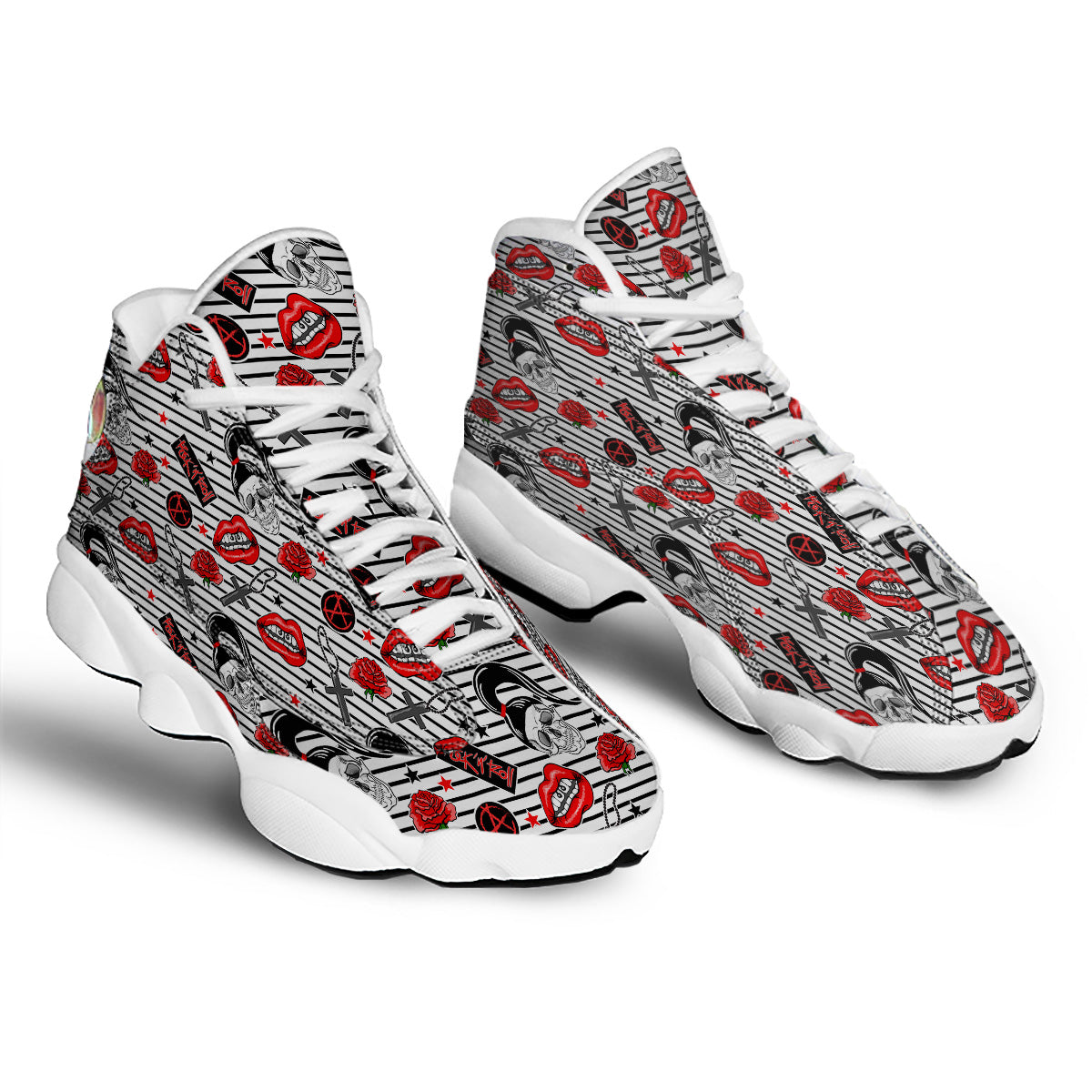 Rock’N’Roll Stiped White Black Print Pattern White Basketball Shoes-grizzshop
